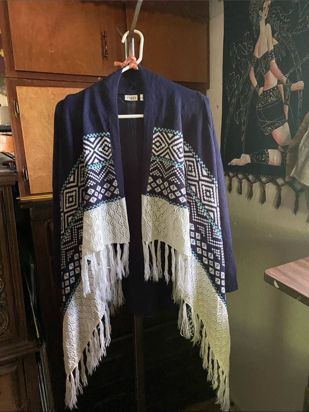Cato Navy Aztec Fringe Open Cardigan with Cream Trim(Women)